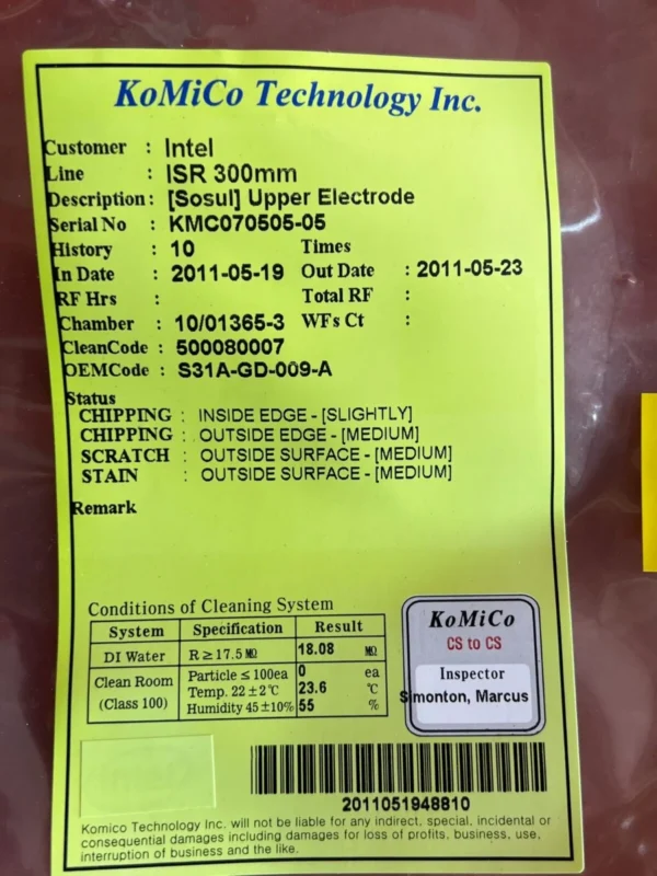KoMiCo Technology S31A-GD-009-A Upper Electrode 300MM - Image 3